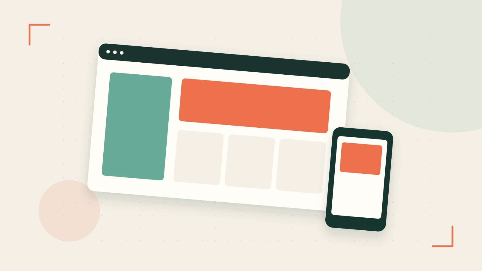 Editorial illustration of responsive browser layouts, overlapping design components and a color system