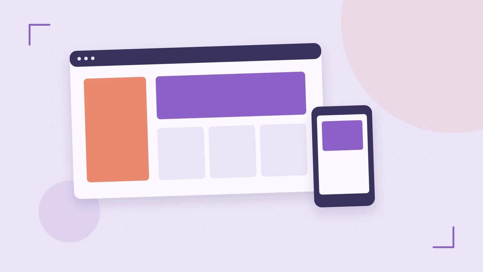 Editorial illustration of responsive browser layouts, overlapping design components and a color system