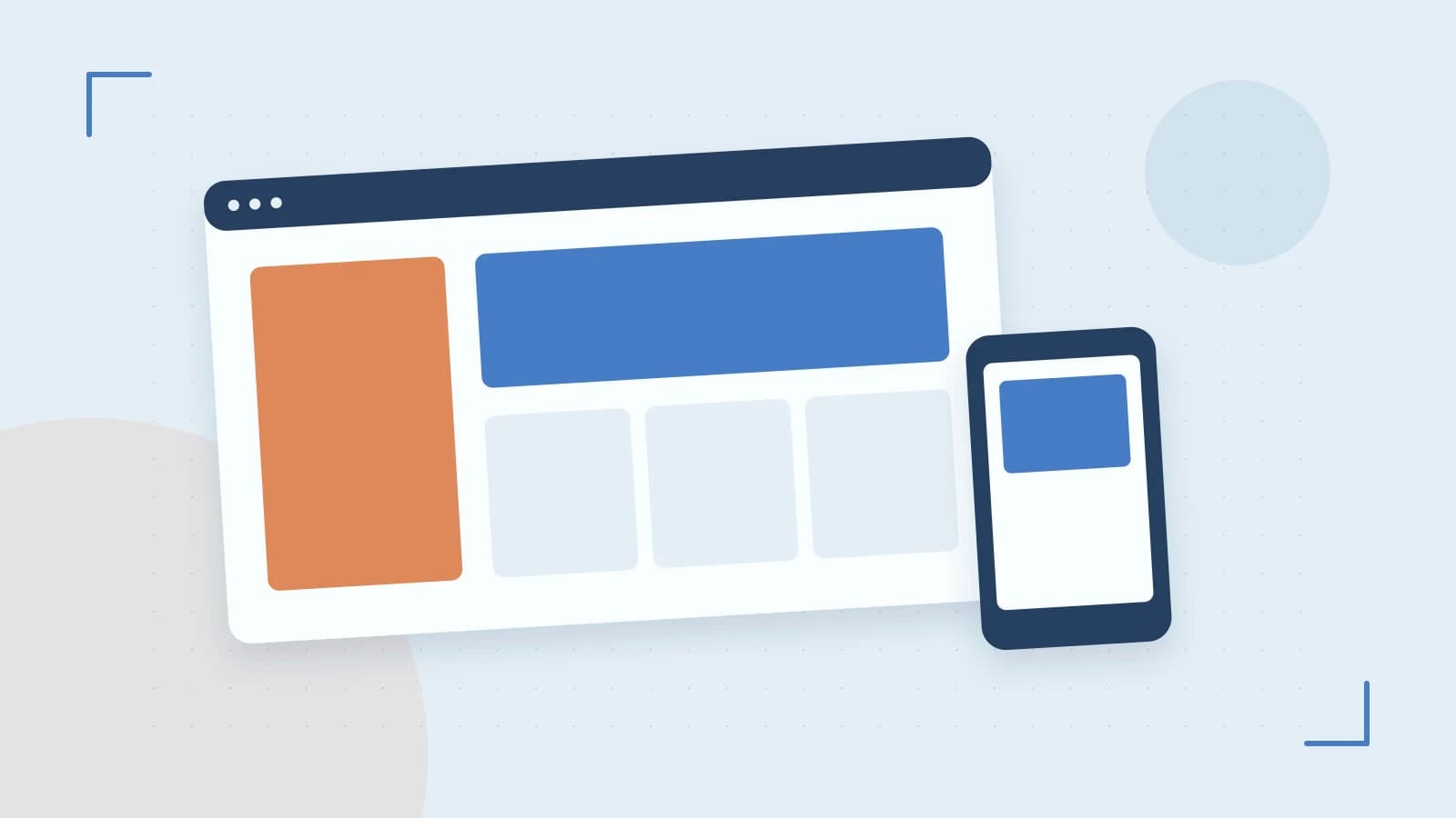 Editorial illustration of responsive browser layouts, overlapping design components and a color system