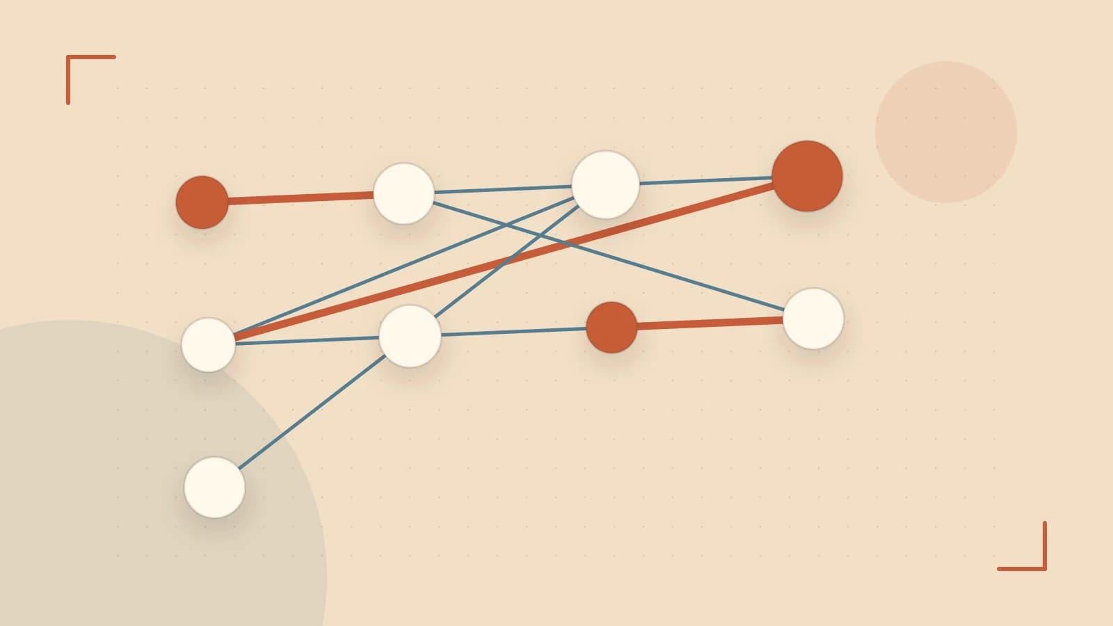 Editorial illustration of an algorithmic node graph with branching paths and a highlighted result