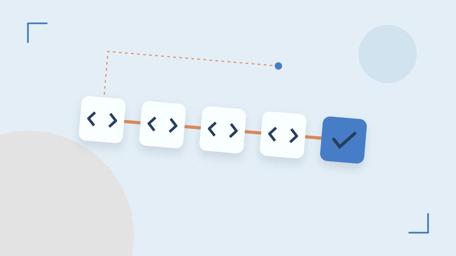 Editorial illustration of a branching build pipeline, staged transformations and a completed check
