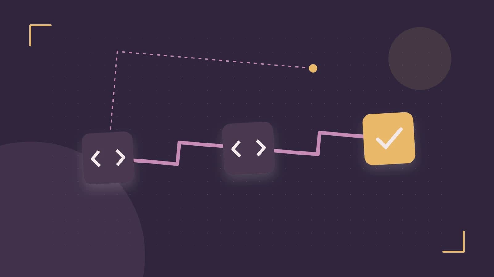 Editorial illustration of a branching build pipeline, staged transformations and a completed check