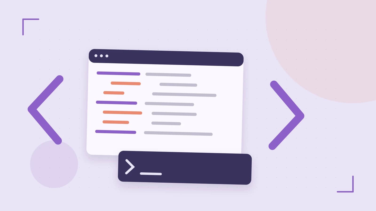Editorial illustration of an abstract code editor, syntax blocks and oversized programming brackets