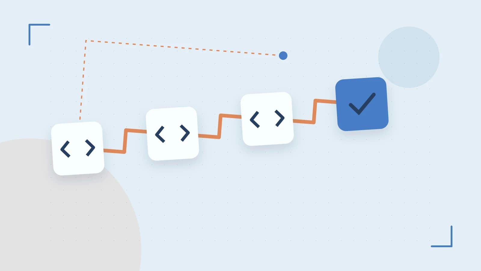 Editorial illustration of a branching build pipeline, staged transformations and a completed check