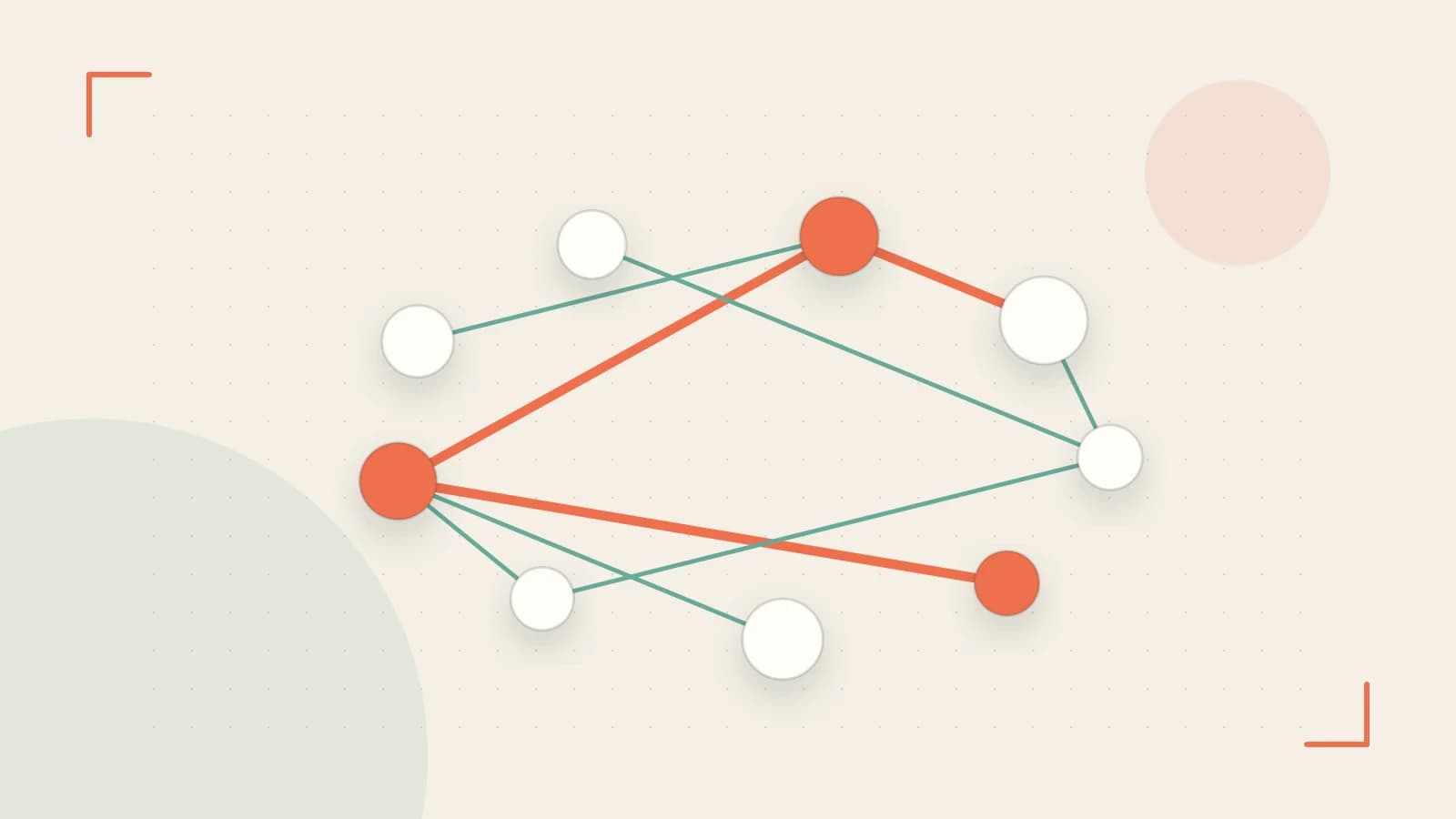Editorial illustration of an algorithmic node graph with branching paths and a highlighted result