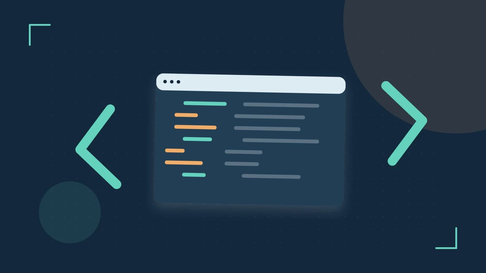 Editorial illustration of an abstract code editor, syntax blocks and oversized programming brackets