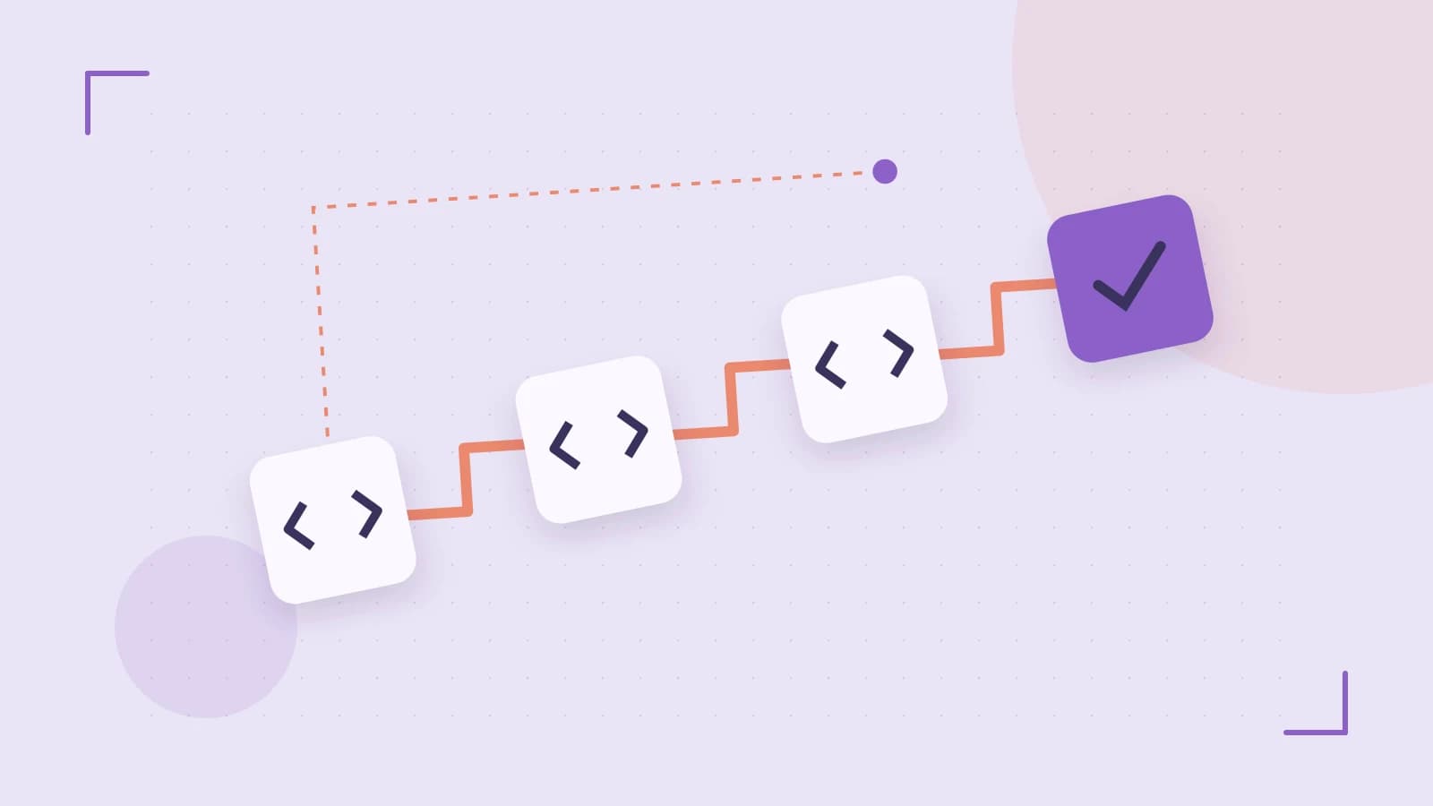 Editorial illustration of a branching build pipeline, staged transformations and a completed check