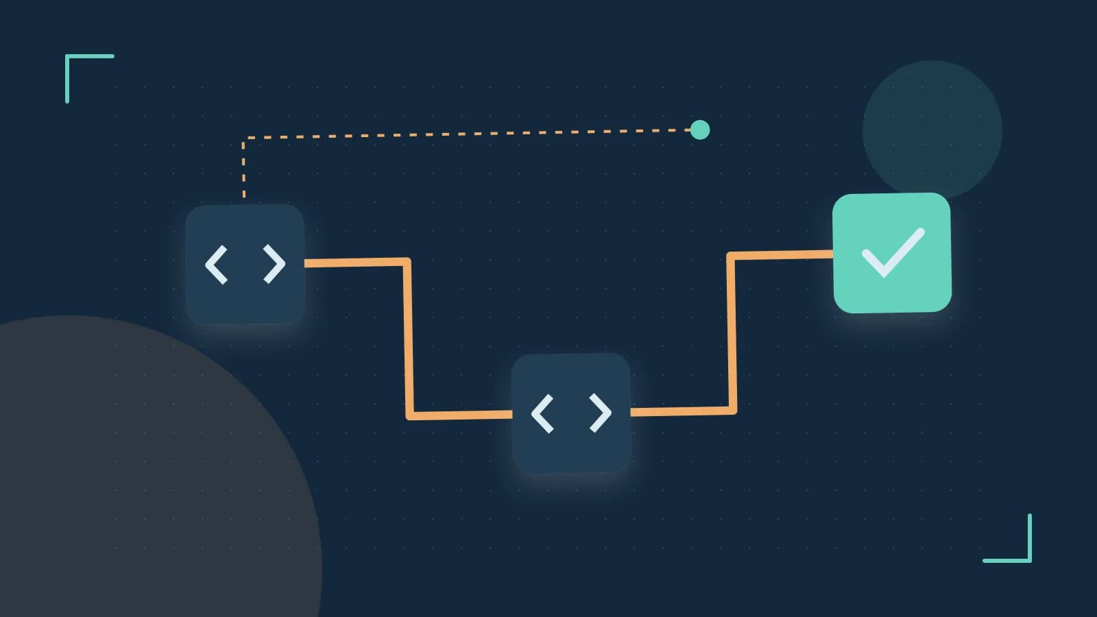 Editorial illustration of a branching build pipeline, staged transformations and a completed check