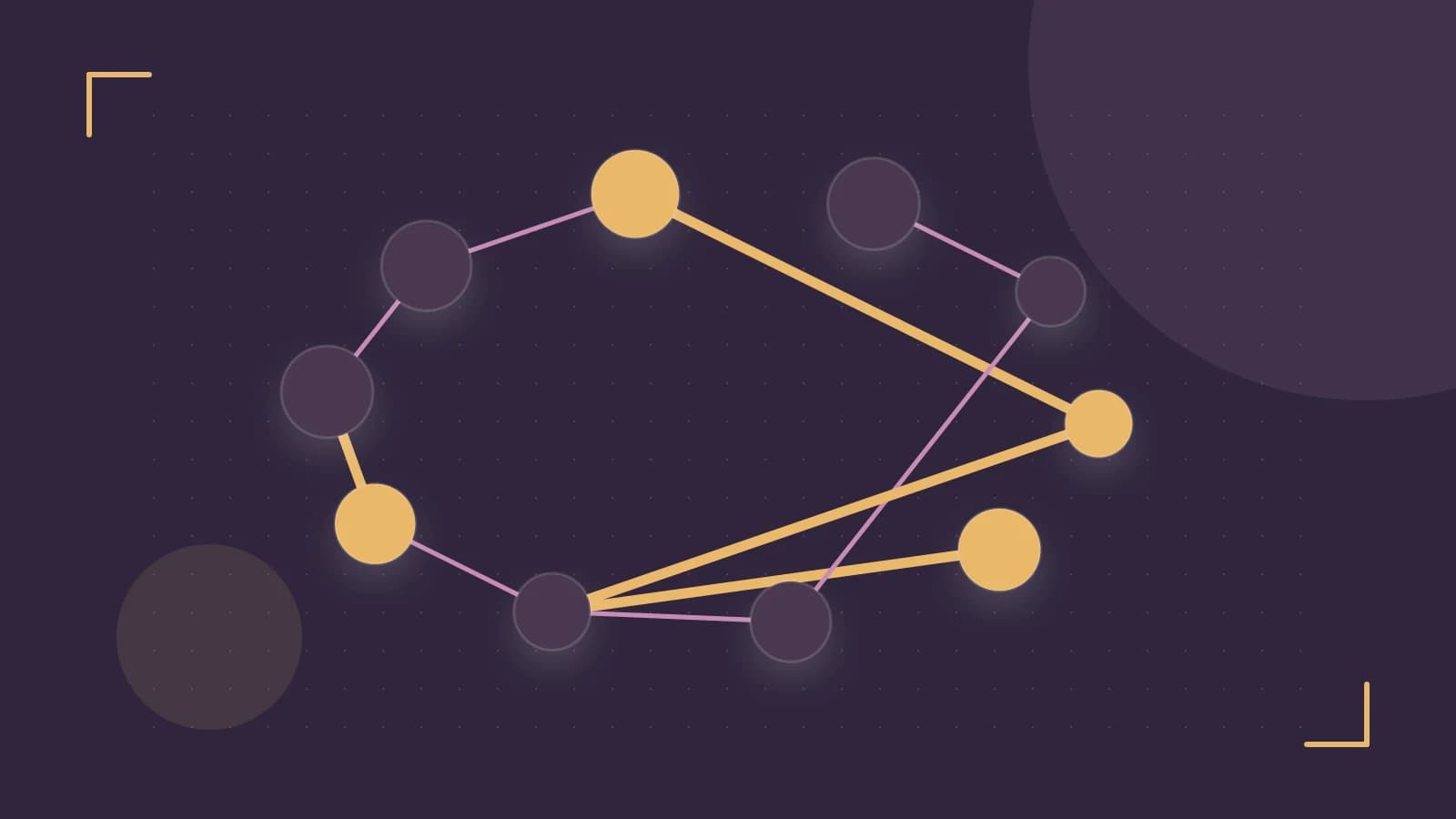 Editorial illustration of an algorithmic node graph with branching paths and a highlighted result