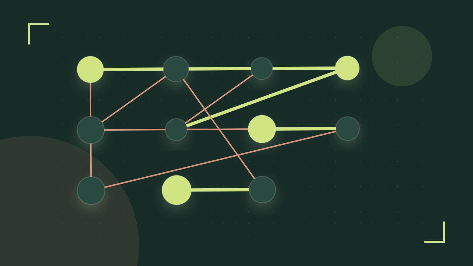 Editorial illustration of an algorithmic node graph with branching paths and a highlighted result
