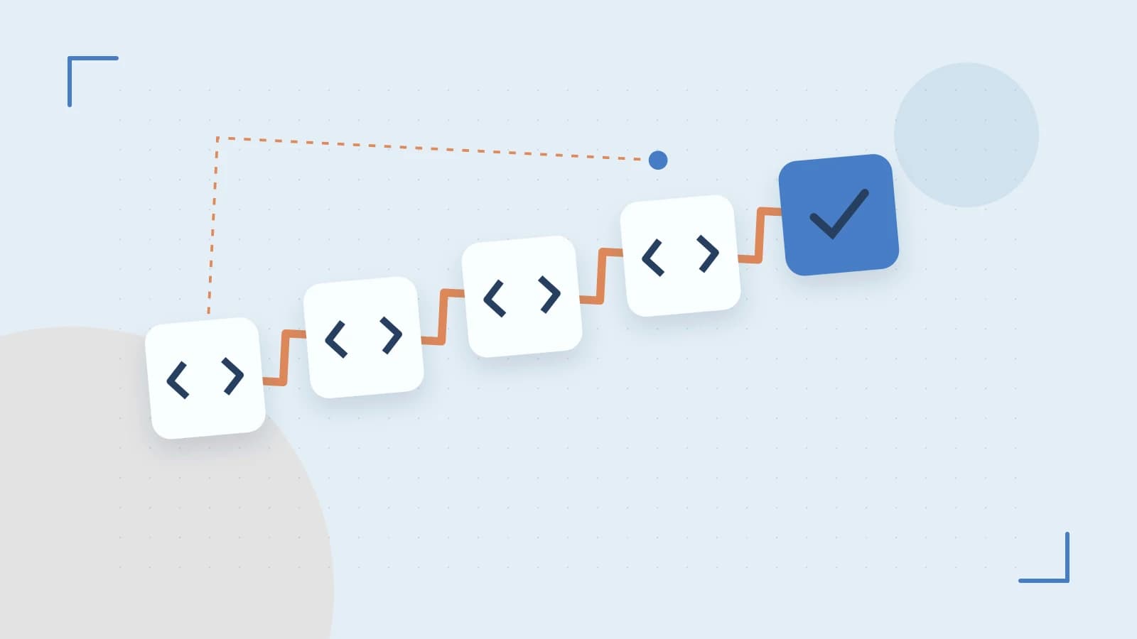 Editorial illustration of a branching build pipeline, staged transformations and a completed check