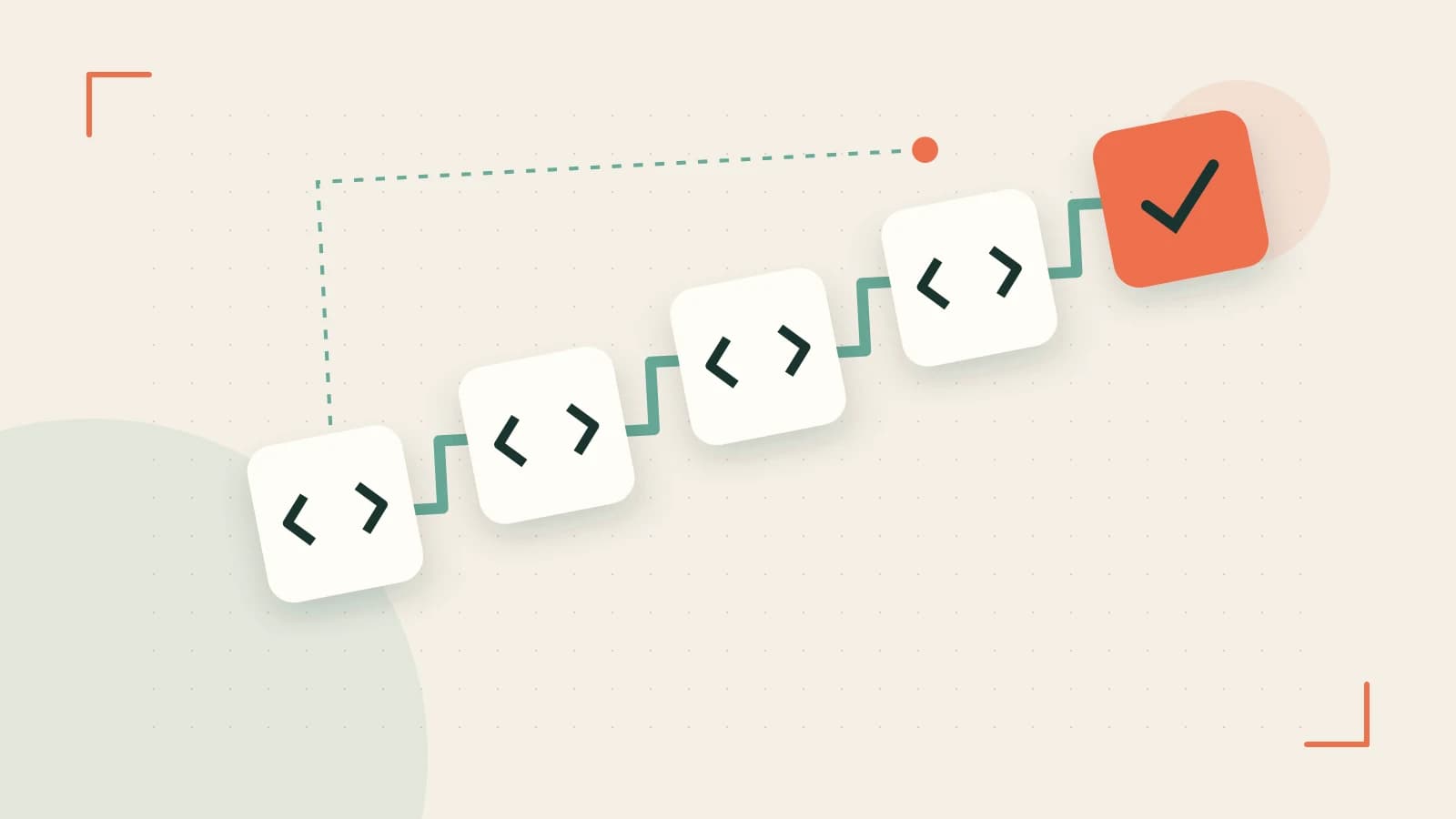 Editorial illustration of a branching build pipeline, staged transformations and a completed check
