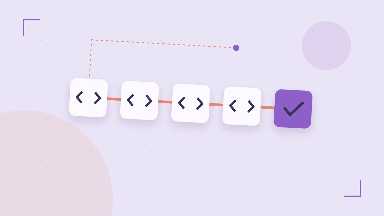 Editorial illustration of a branching build pipeline, staged transformations and a completed check