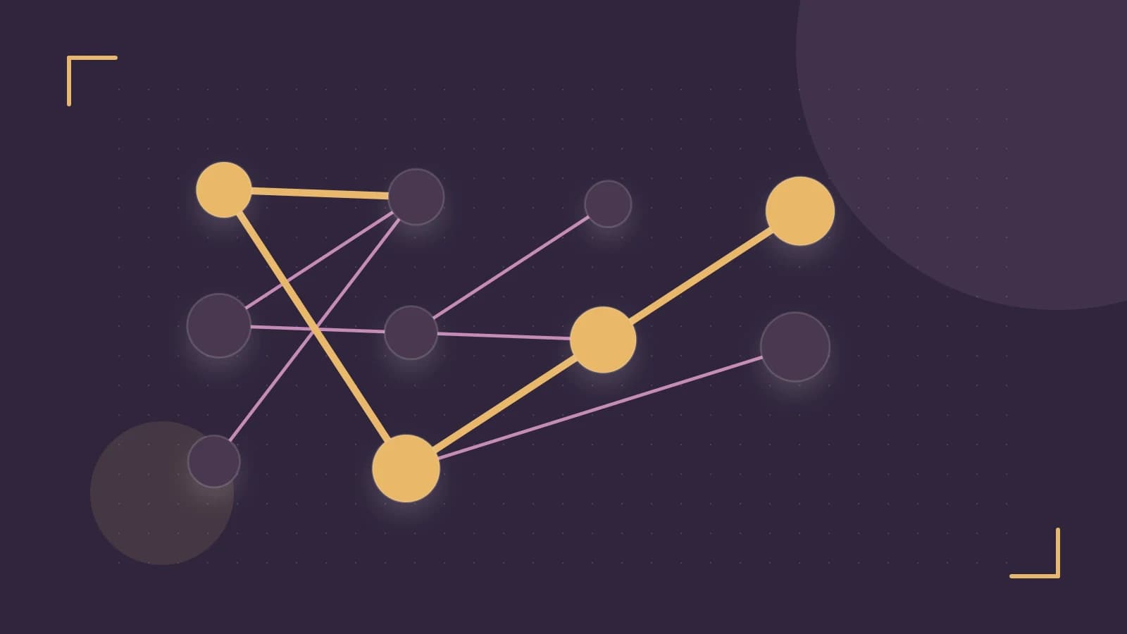 Editorial illustration of an algorithmic node graph with branching paths and a highlighted result