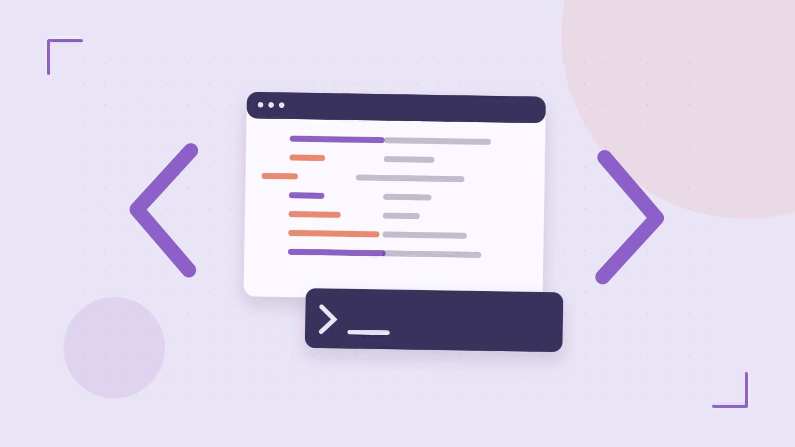 Editorial illustration of an abstract code editor, syntax blocks and oversized programming brackets