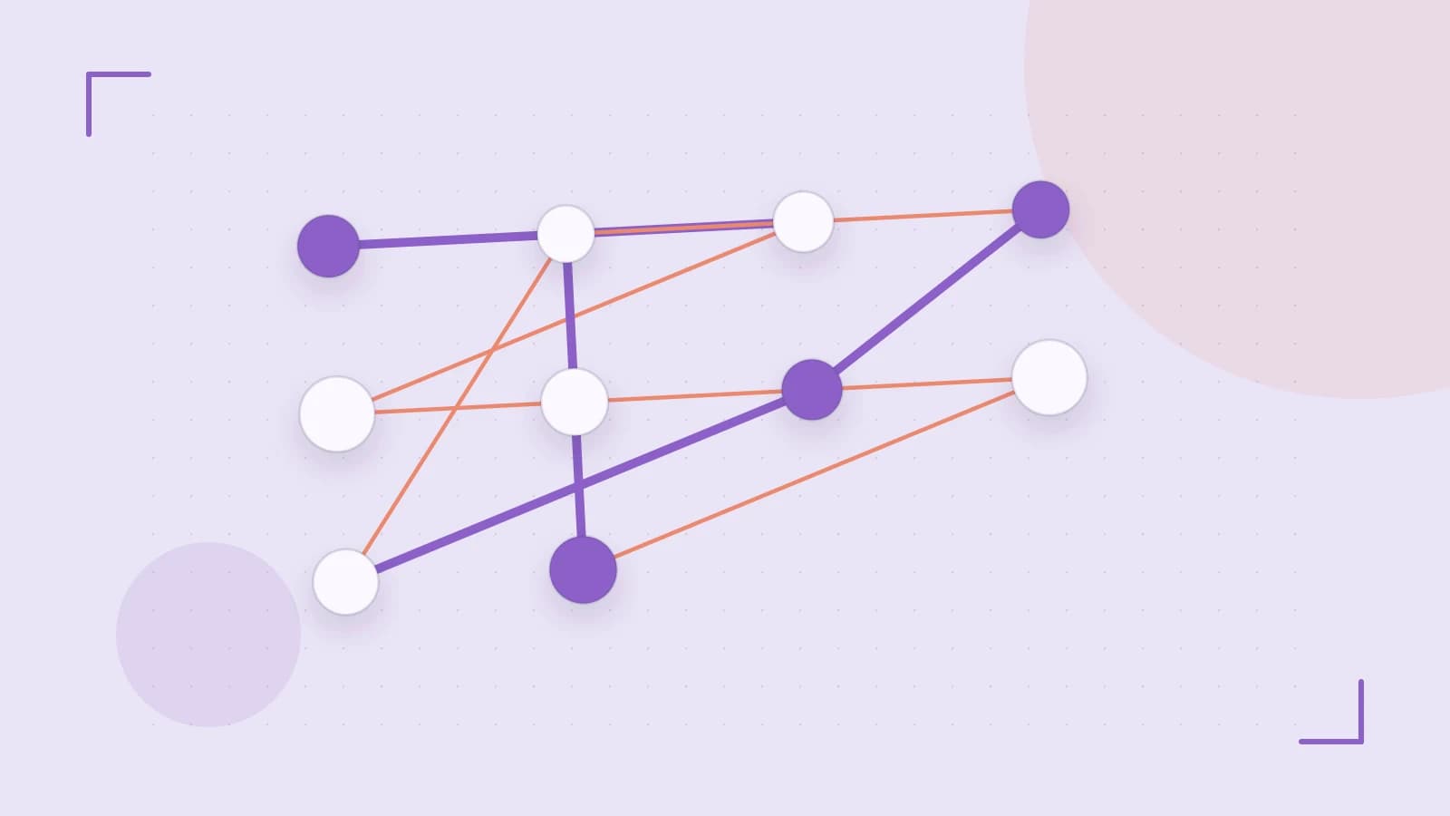 Editorial illustration of an algorithmic node graph with branching paths and a highlighted result