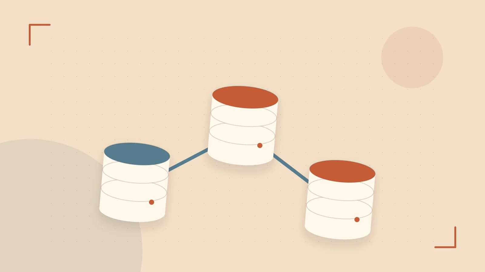 Editorial illustration of structured records, database cylinders and relationships between tables