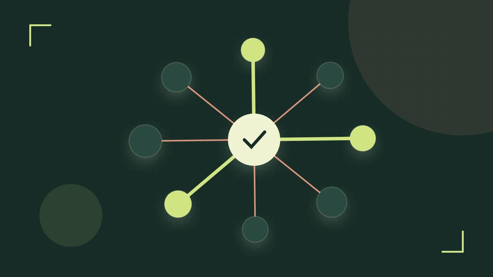 Editorial illustration of an algorithmic node graph with branching paths and a highlighted result