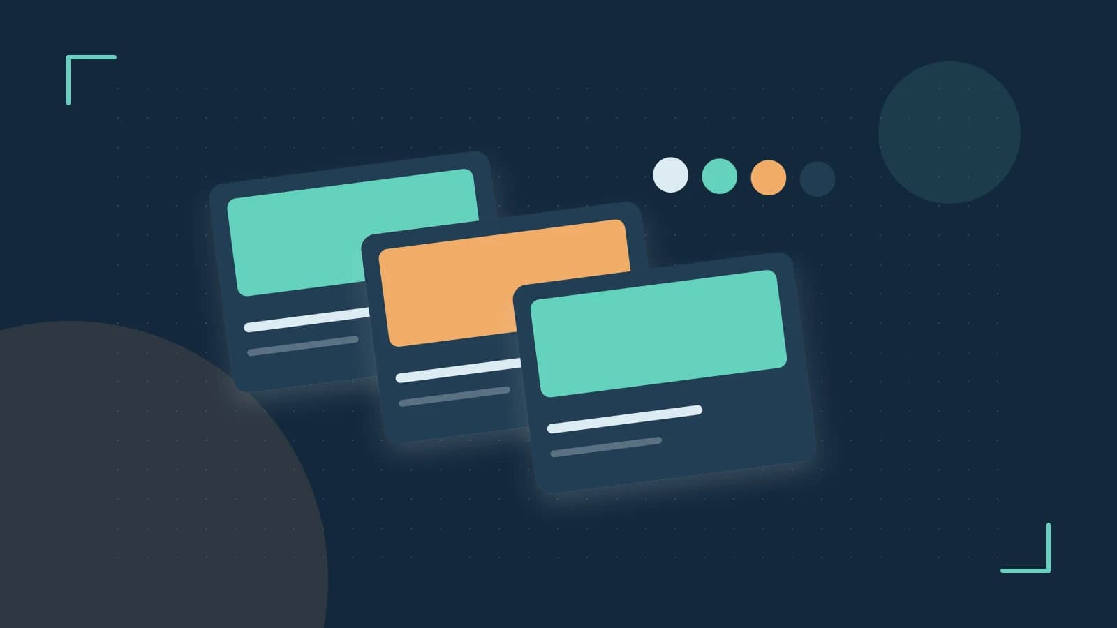 Editorial illustration of responsive browser layouts, overlapping design components and a color system