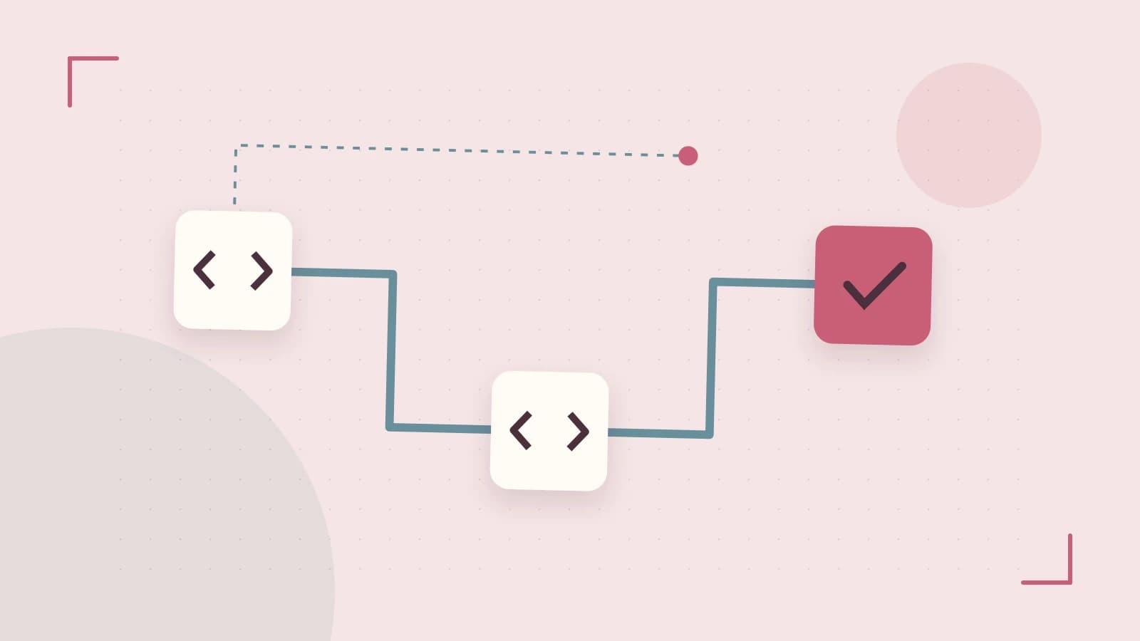 Editorial illustration of a branching build pipeline, staged transformations and a completed check