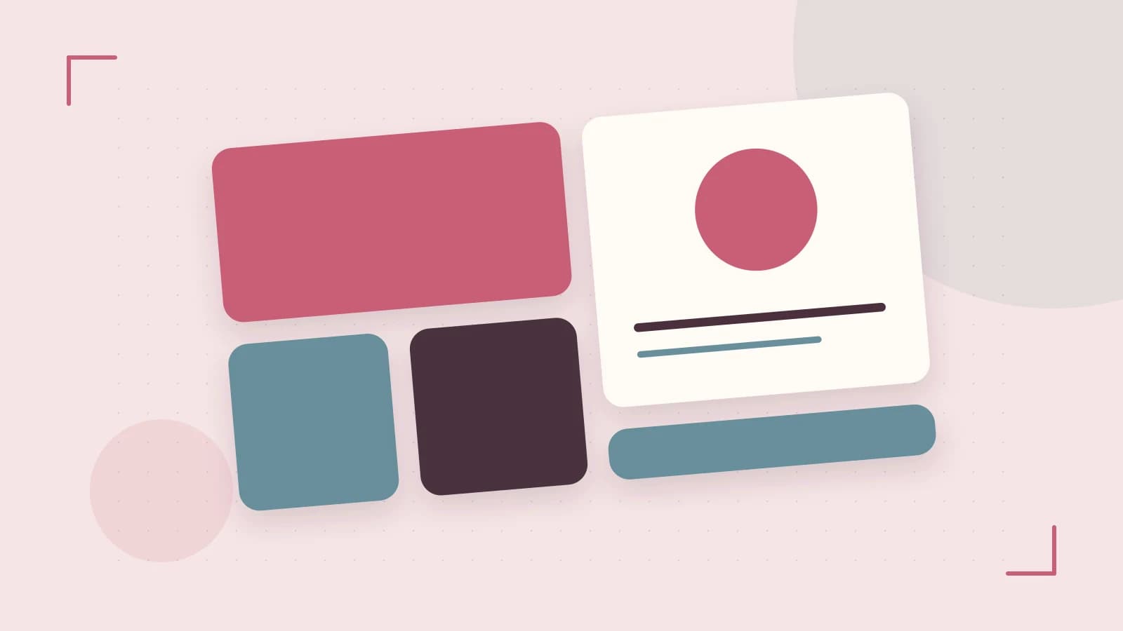 Editorial illustration of responsive browser layouts, overlapping design components and a color system