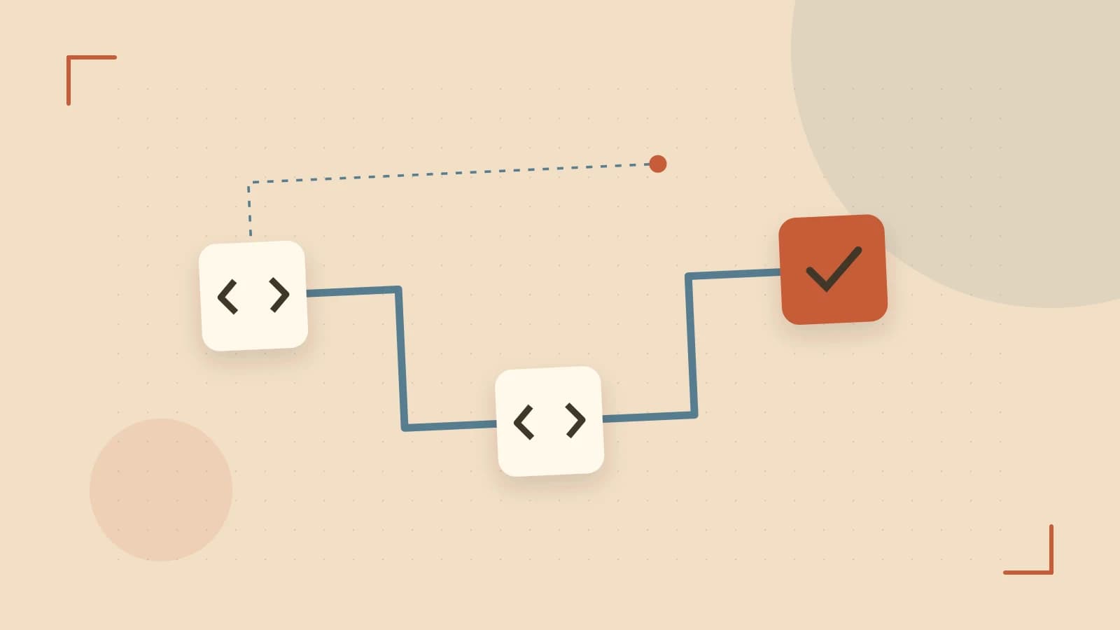 Editorial illustration of a branching build pipeline, staged transformations and a completed check