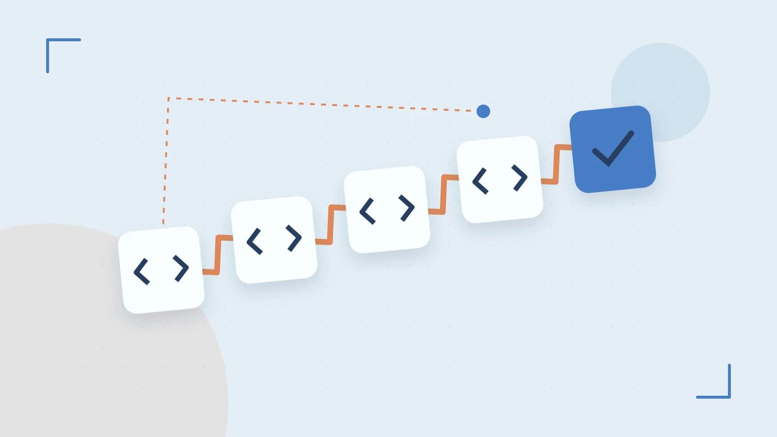 Editorial illustration of a branching build pipeline, staged transformations and a completed check