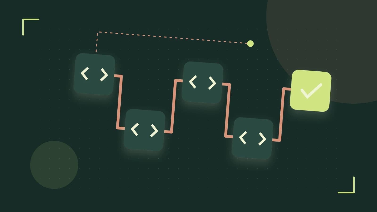 Editorial illustration of a branching build pipeline, staged transformations and a completed check