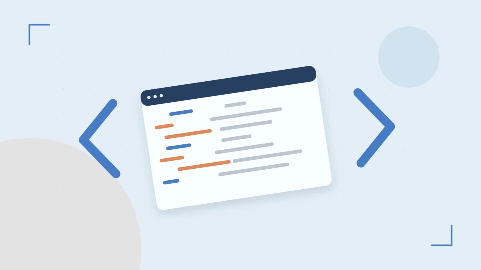 Editorial illustration of an abstract code editor, syntax blocks and oversized programming brackets