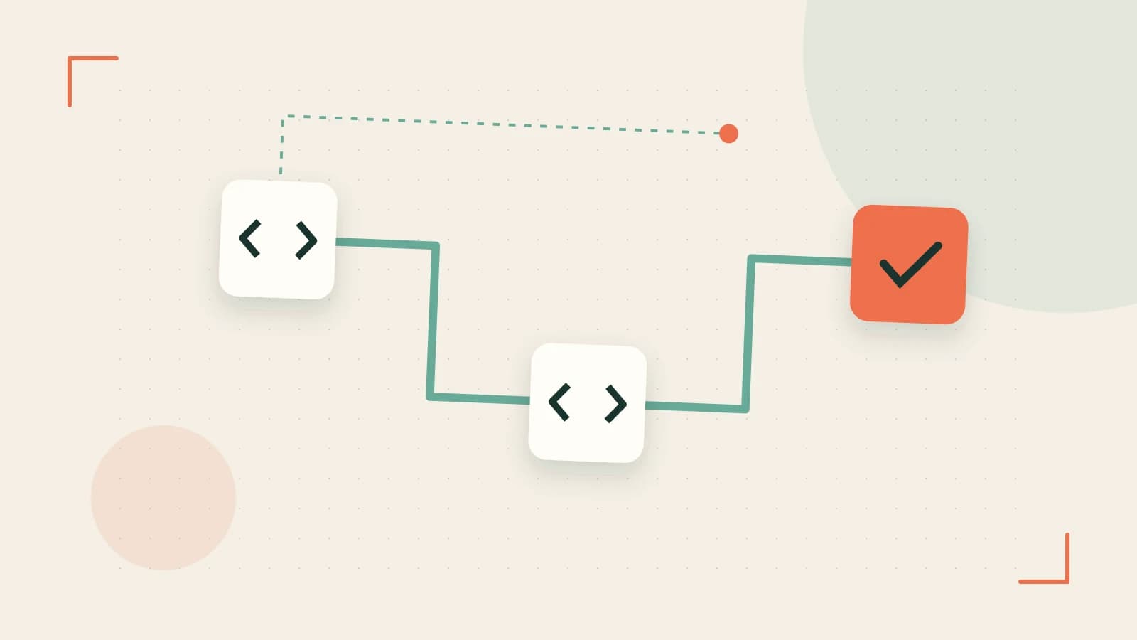 Editorial illustration of a branching build pipeline, staged transformations and a completed check