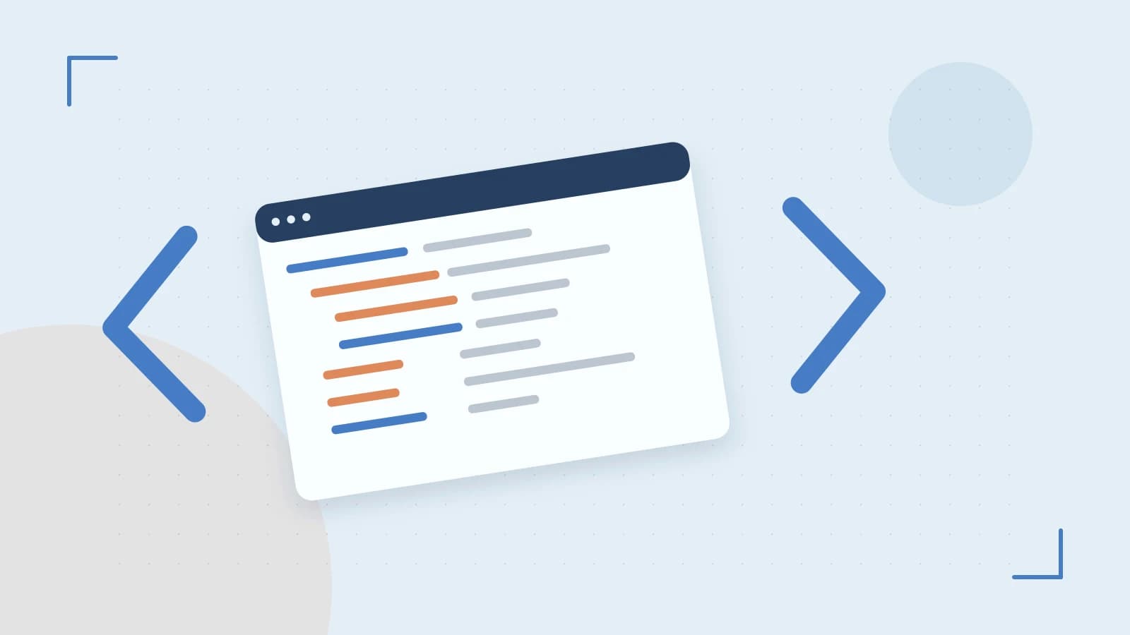 Editorial illustration of an abstract code editor, syntax blocks and oversized programming brackets