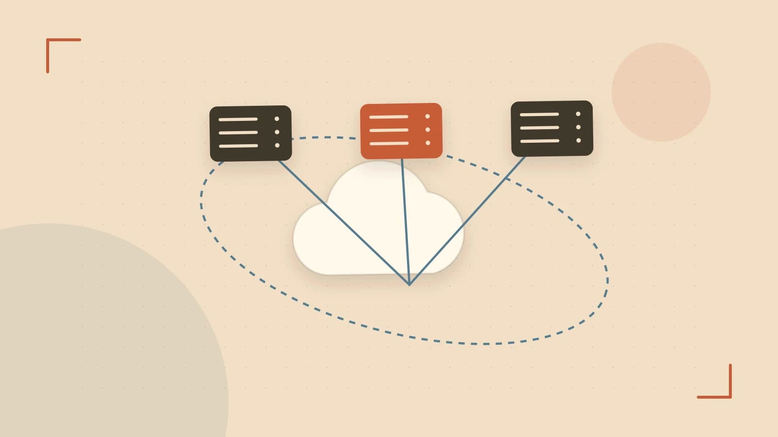 Editorial illustration of cloud infrastructure, connected server racks and an orbital service map