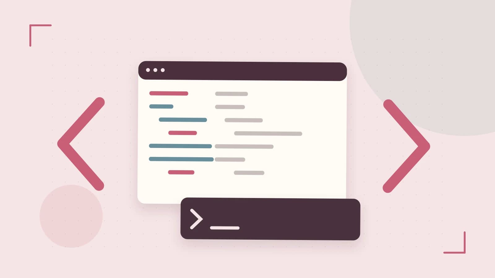 Editorial illustration of an abstract code editor, syntax blocks and oversized programming brackets