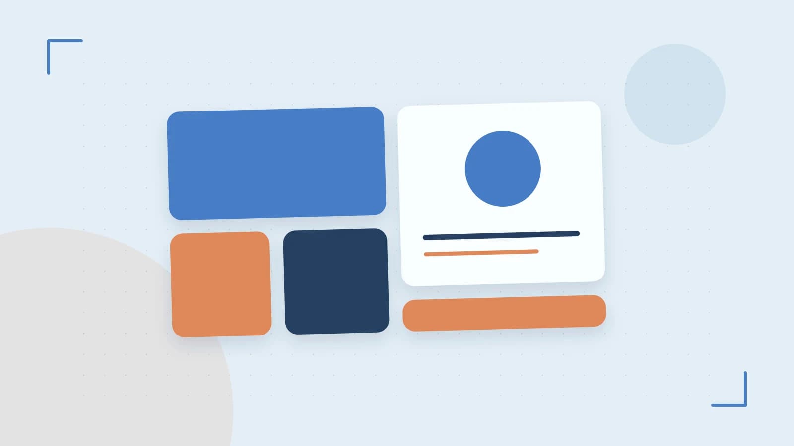 Editorial illustration of responsive browser layouts, overlapping design components and a color system