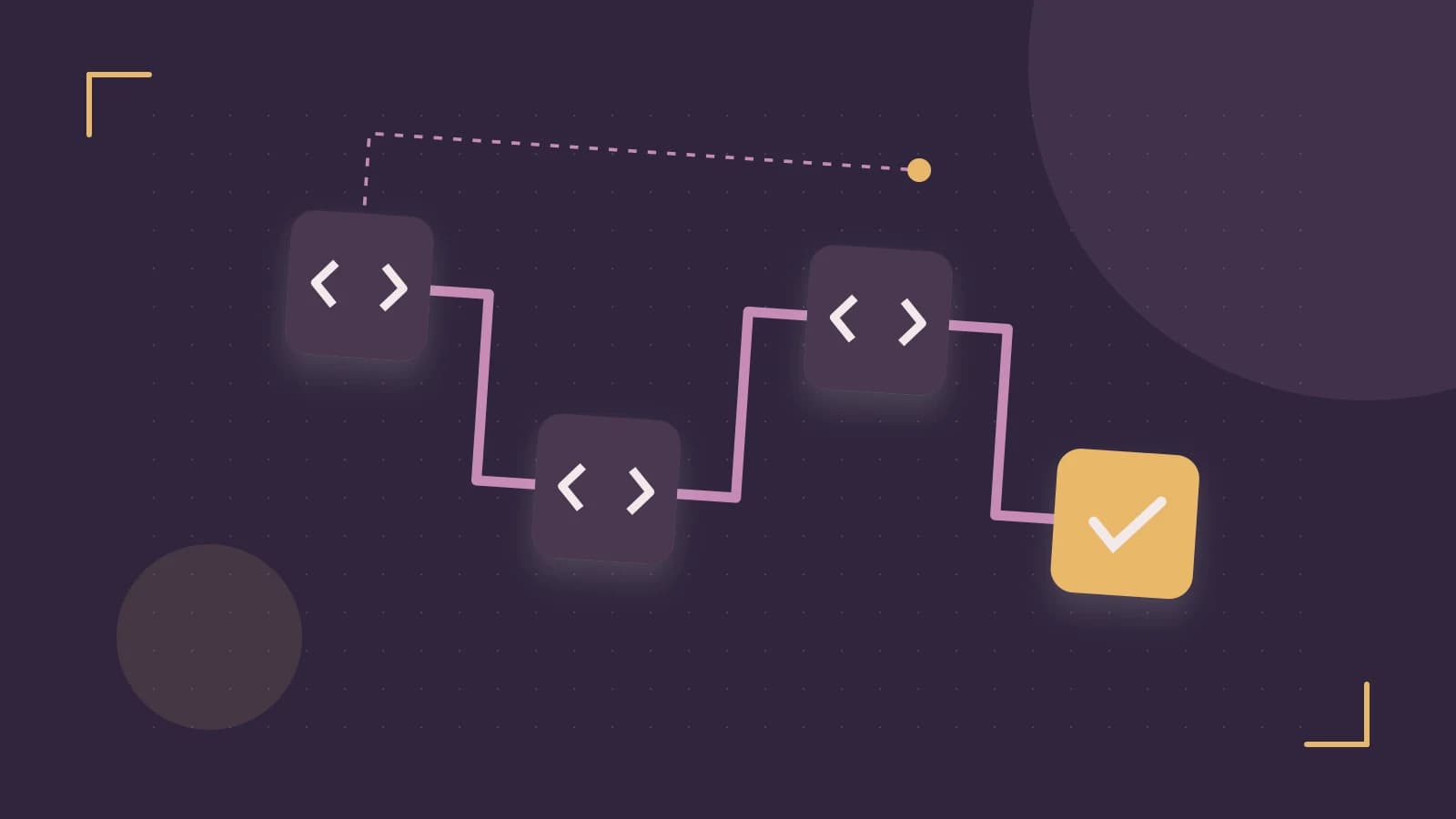 Editorial illustration of a branching build pipeline, staged transformations and a completed check