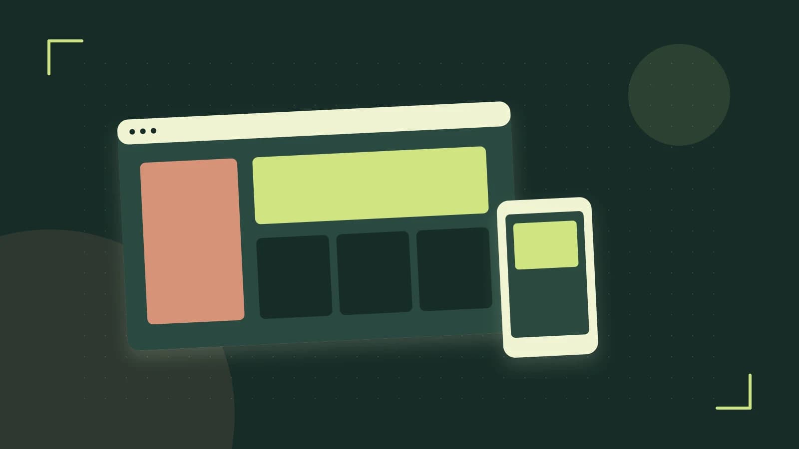 Editorial illustration of responsive browser layouts, overlapping design components and a color system