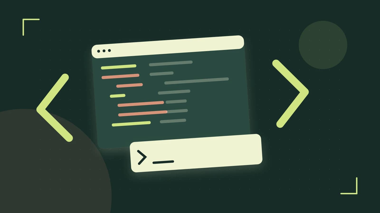 Editorial illustration of an abstract code editor, syntax blocks and oversized programming brackets