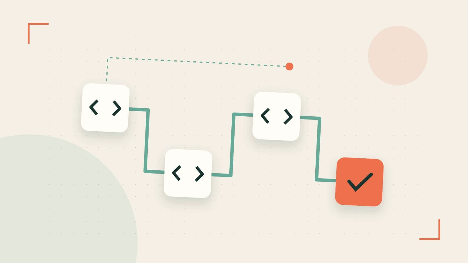 Editorial illustration of a branching build pipeline, staged transformations and a completed check