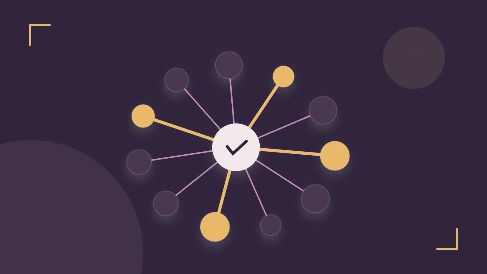 Editorial illustration of an algorithmic node graph with branching paths and a highlighted result