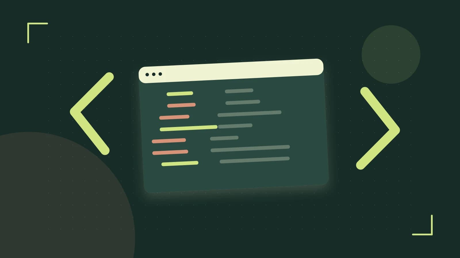 Editorial illustration of an abstract code editor, syntax blocks and oversized programming brackets
