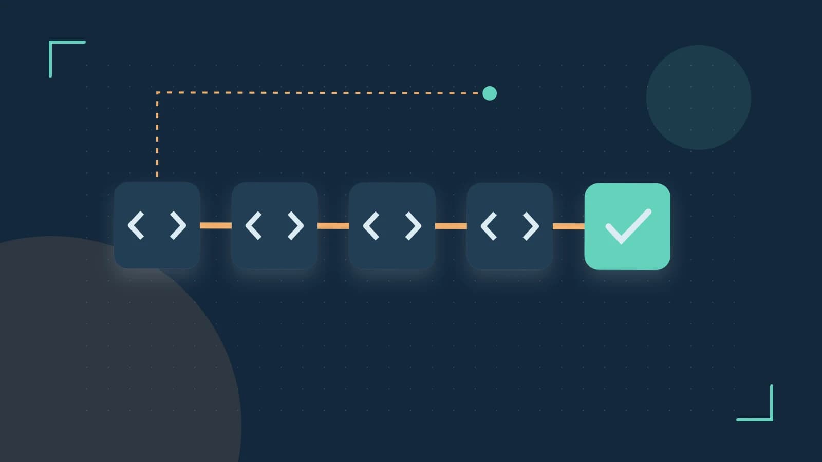 Editorial illustration of a branching build pipeline, staged transformations and a completed check