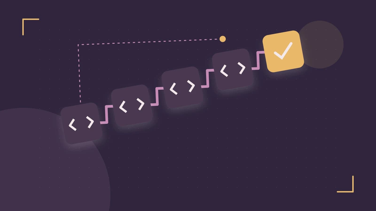 Editorial illustration of a branching build pipeline, staged transformations and a completed check