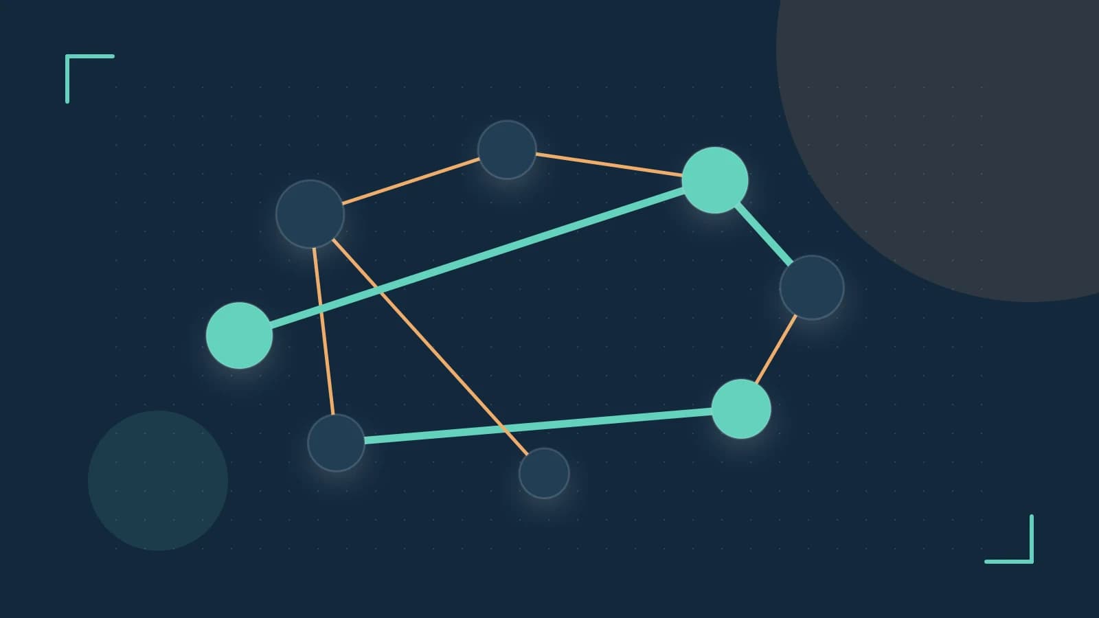 Editorial illustration of an algorithmic node graph with branching paths and a highlighted result