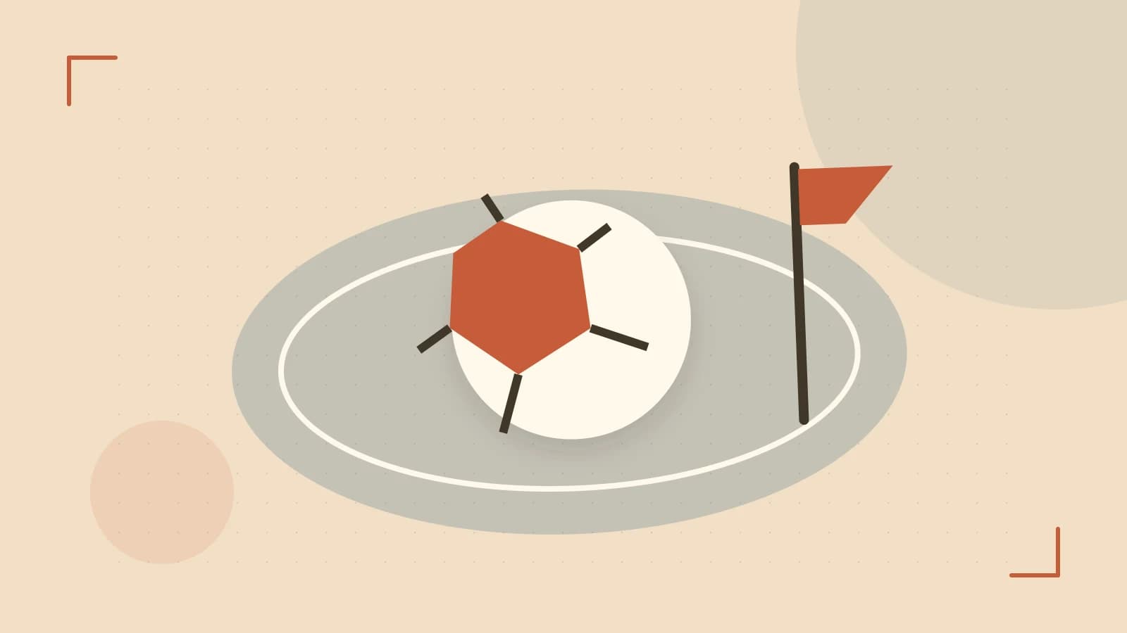Editorial illustration of a stylized sports ball, stadium geometry and dynamic arcs