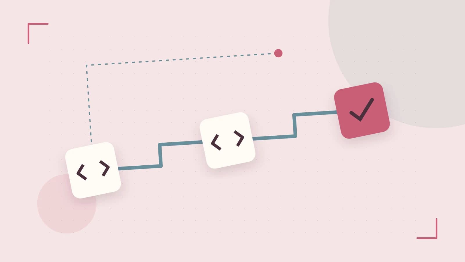Editorial illustration of a branching build pipeline, staged transformations and a completed check