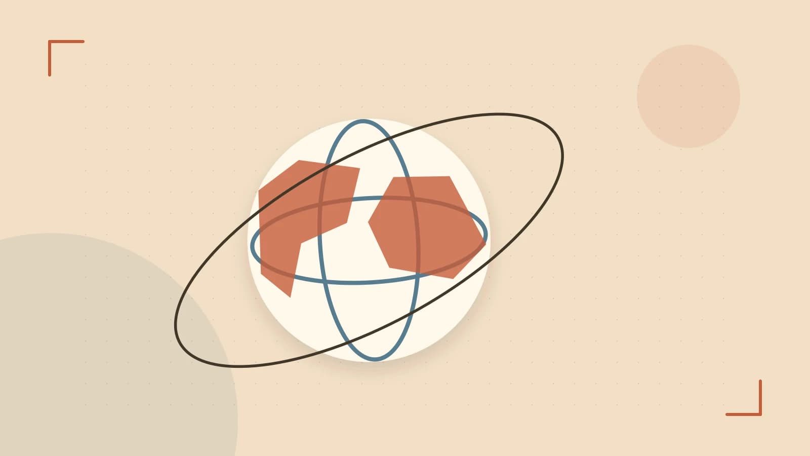 Editorial illustration of an editorial globe with meridians and layered geographic shapes