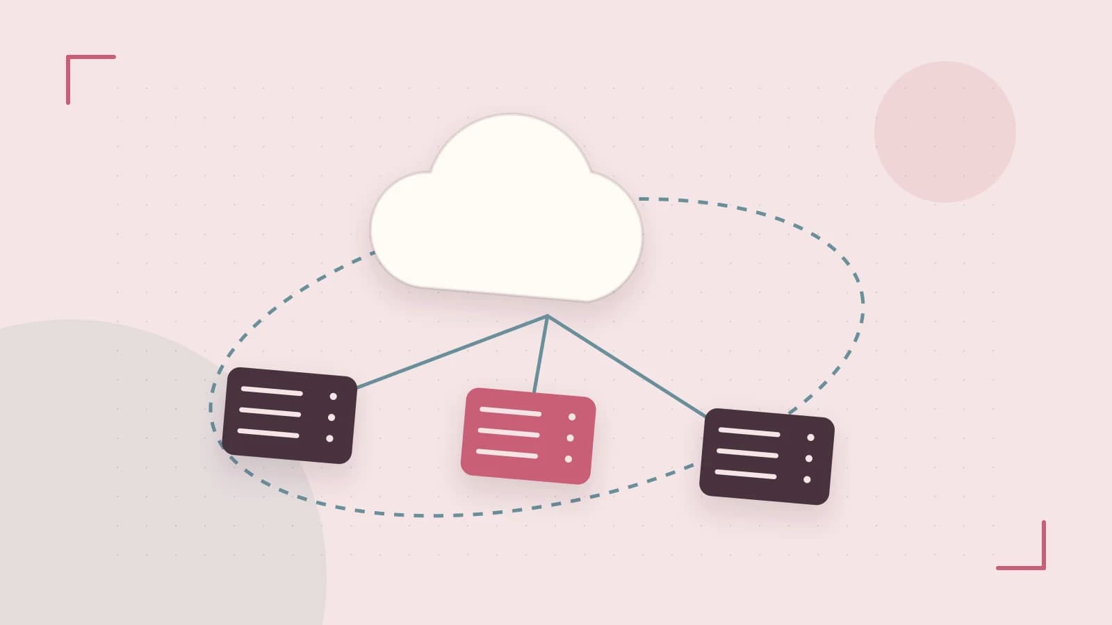 Editorial illustration of cloud infrastructure, connected server racks and an orbital service map