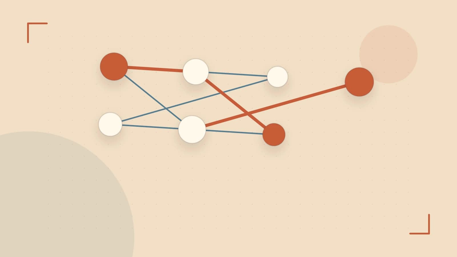 Editorial illustration of an algorithmic node graph with branching paths and a highlighted result