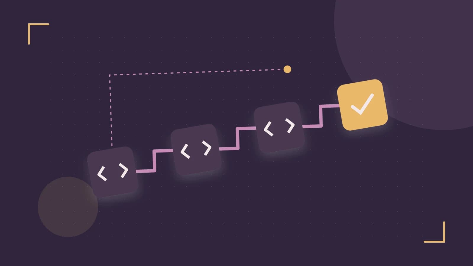 Editorial illustration of a branching build pipeline, staged transformations and a completed check