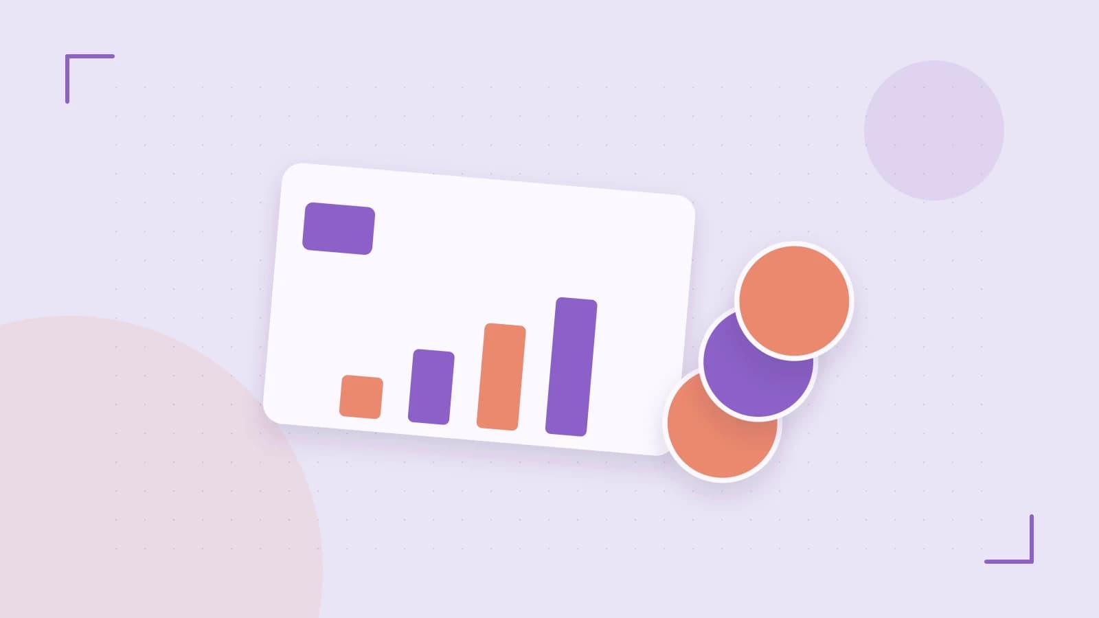 Editorial illustration of abstract coins, a payment card and a geometric financial chart without data labels